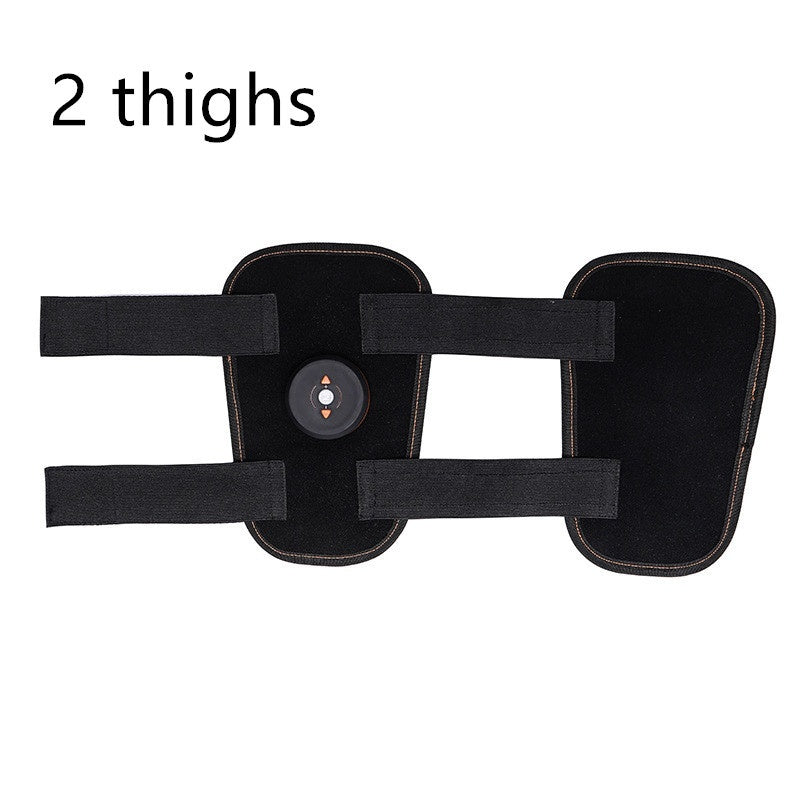 Black abdominal muscle trainer for home designed to fit two thighs with adjustable straps