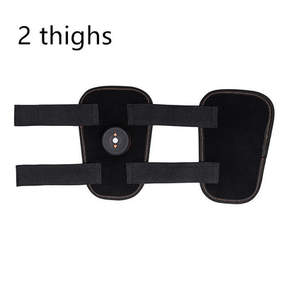 Black abdominal muscle trainer for home designed to fit two thighs with adjustable straps