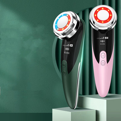 Black and pink skin rejuvenation beauty device with LED lights displayed on stands