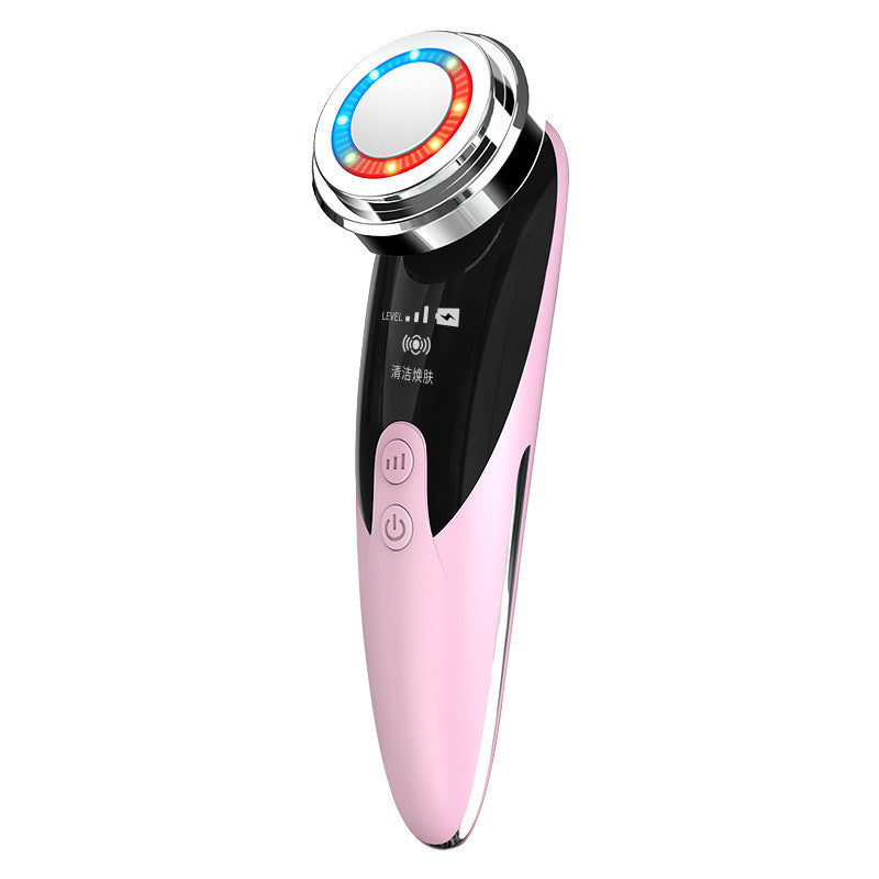 Pink and black skin rejuvenation beauty device with LED light therapy and control buttons