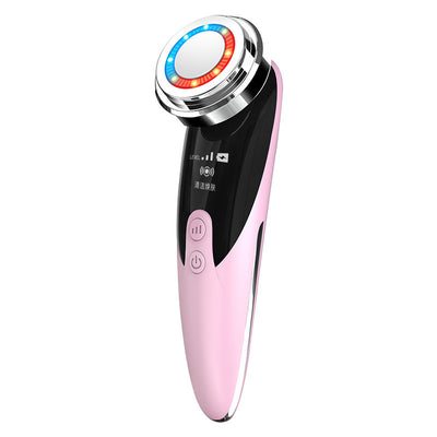 Pink and black skin rejuvenation beauty device with LED light therapy and control buttons