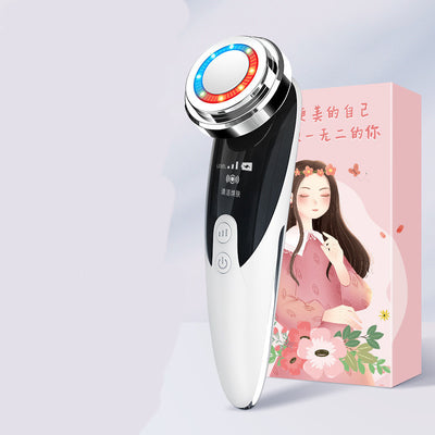 Skin rejuvenation beauty device in white and black with LED light ring and floral packaging box