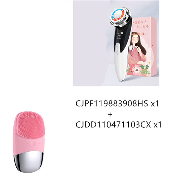 Skin rejuvenation beauty device set including a handheld LED facial massager and a pink silicone facial cleansing brush