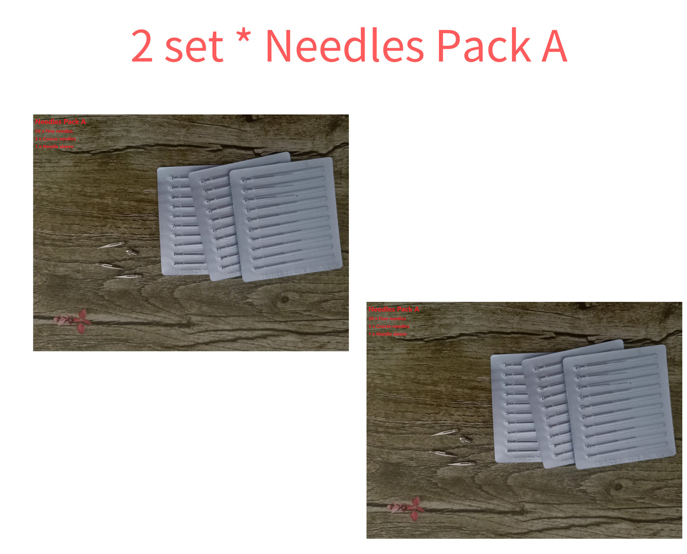 Two sets of needle packs for blue light acne device displayed on wooden surface