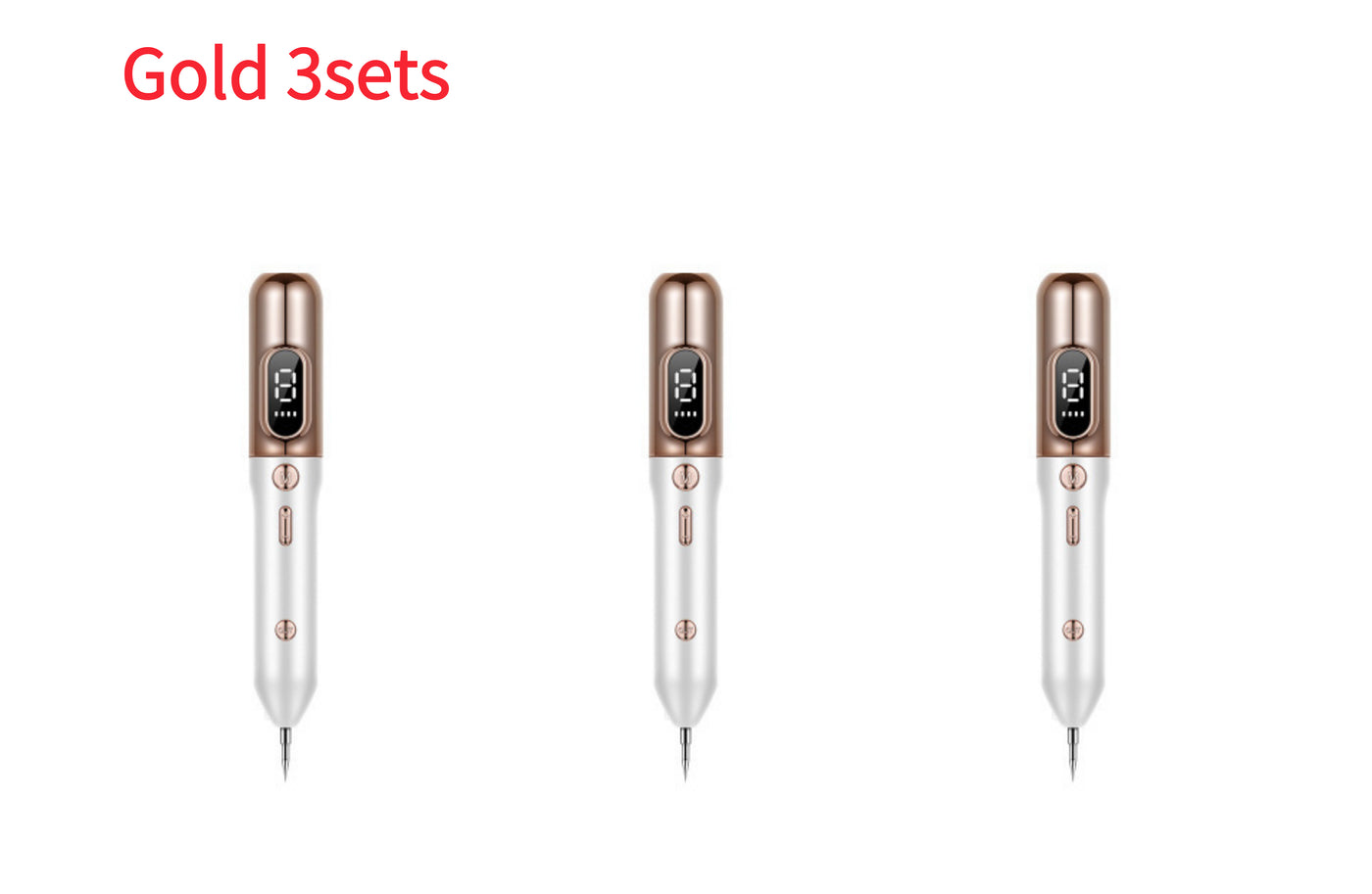 Set of three gold blue light acne device with digital display and white handles