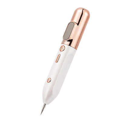 White and rose gold handheld blue light acne device with control buttons for skincare treatment