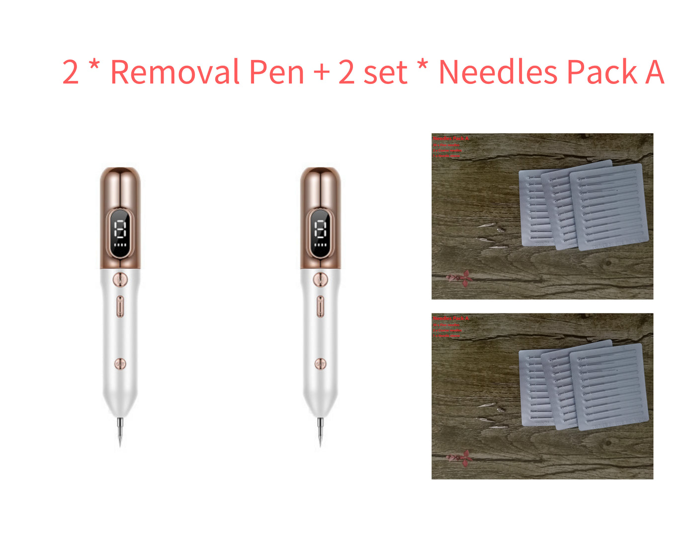 Set of two blue light acne device removal pens with two sets of needles pack A on wooden surface