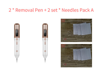 Set of two blue light acne device removal pens with two sets of needles pack A on wooden surface