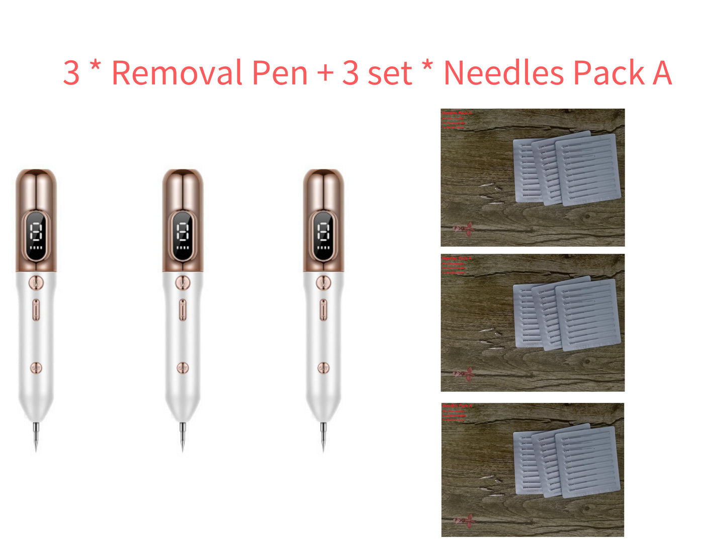 Set of three blue light acne device removal pens with three sets of needle packs for skin treatment