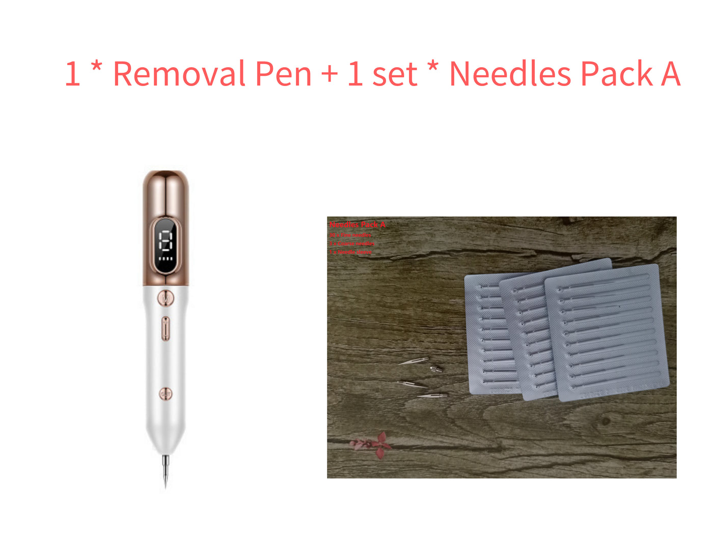 Blue light acne device removal pen with digital display and pack of replacement needles on wooden surface