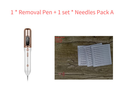 Blue light acne device removal pen with digital display and pack of replacement needles on wooden surface