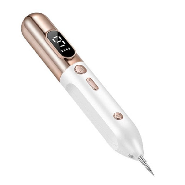 Sleek white and rose gold blue light acne device with digital display and precision tip for skincare