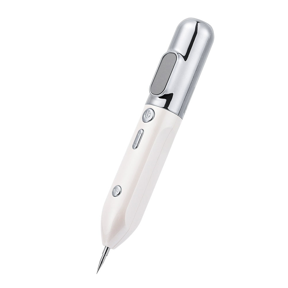White and silver handheld blue light acne device with a pointed tip for skincare treatment