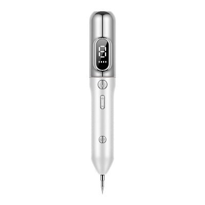 Silver handheld blue light acne device with digital display and pointed tip for skincare treatment