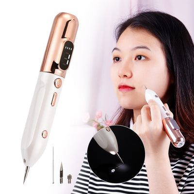 Blue light acne device with rose gold and white design shown with woman using it on her face
