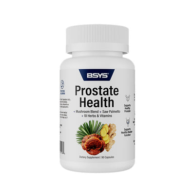BSYS Prostate health supplement with mushroom blend saw palmetto and vitamins in white bottle