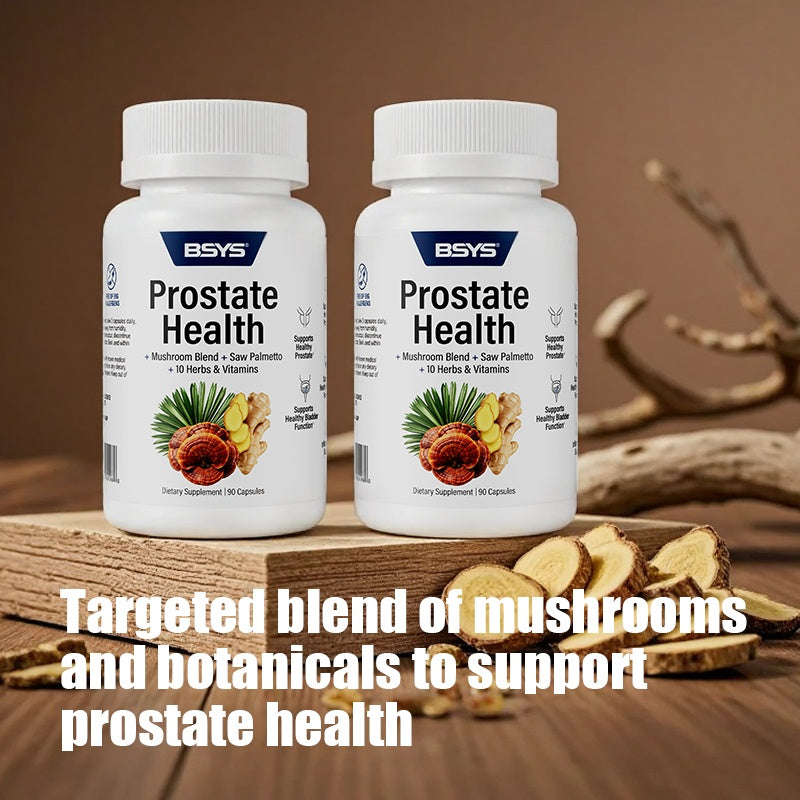 Two bottles of BSYS prostate health supplement with mushroom blend and botanicals on wooden surface
