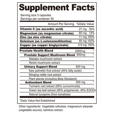 Supplement facts label for prostate health supplement showing vitamin and herbal blend ingredients