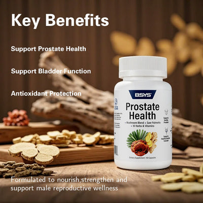 BSYS Prostate Health supplement bottle for prostate health supplement with mushroom blend and vitamins