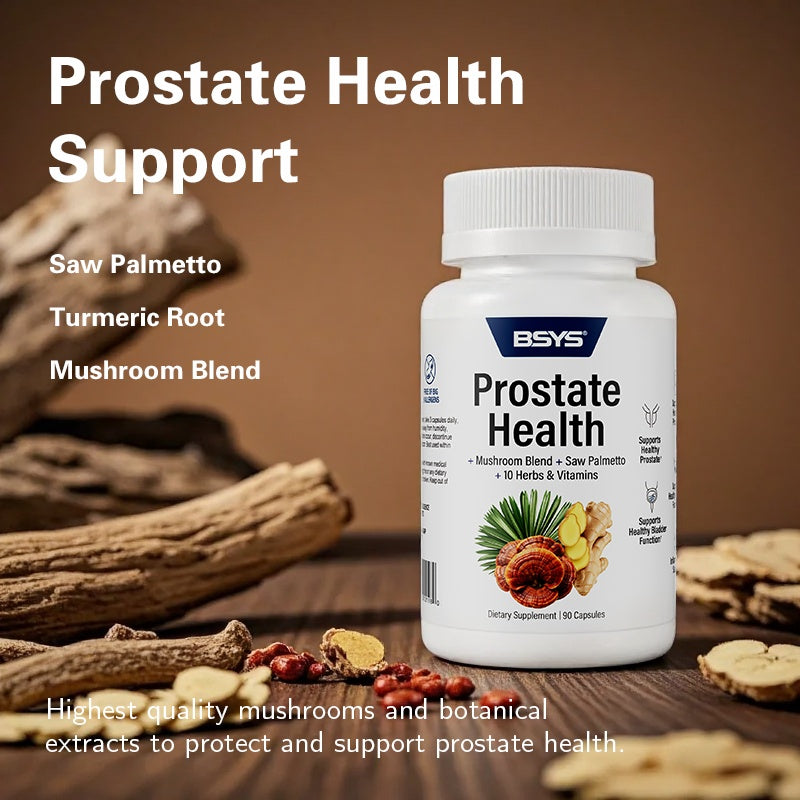 BSYS prostate health supplement bottle with mushroom blend turmeric root and saw palmetto for support