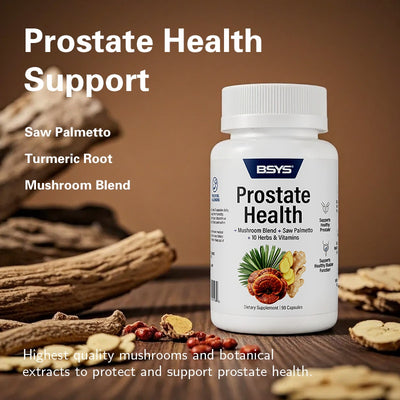 BSYS prostate health supplement bottle with mushroom blend turmeric root and saw palmetto for support