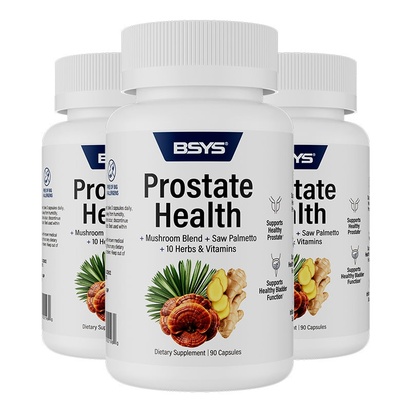 BSYS Prostate Health supplement bottles with mushroom blend saw palmetto and vitamins for prostate health