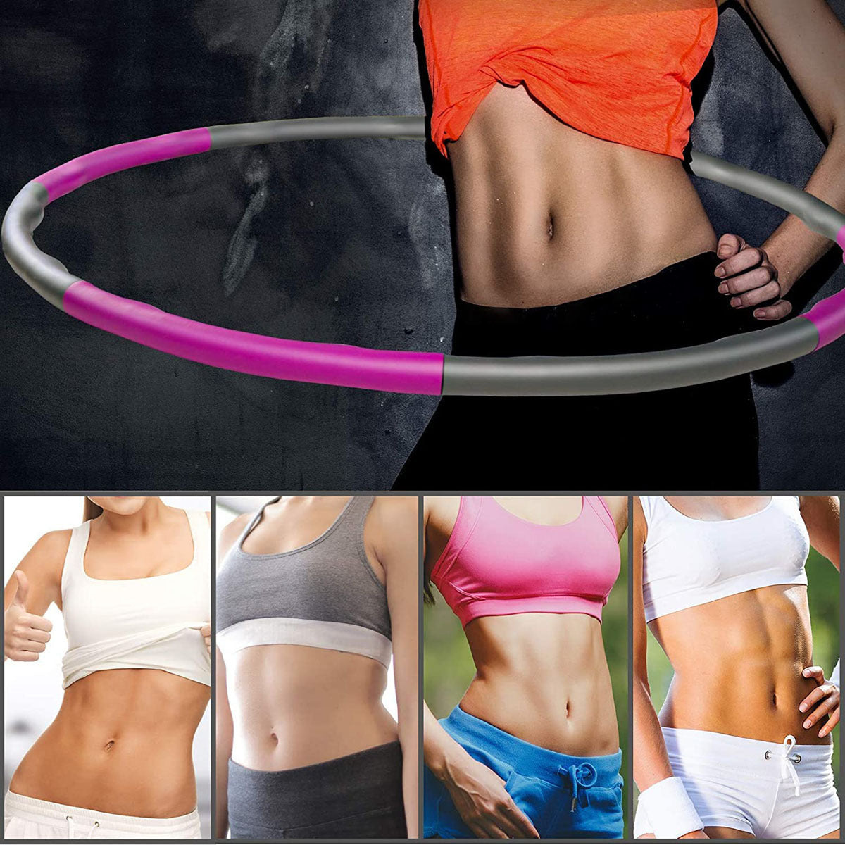Woman using gray and pink detachable fitness ring for core workout with toned abs in orange top