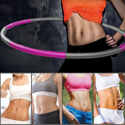 Woman using gray and pink detachable fitness ring for core workout with toned abs in orange top