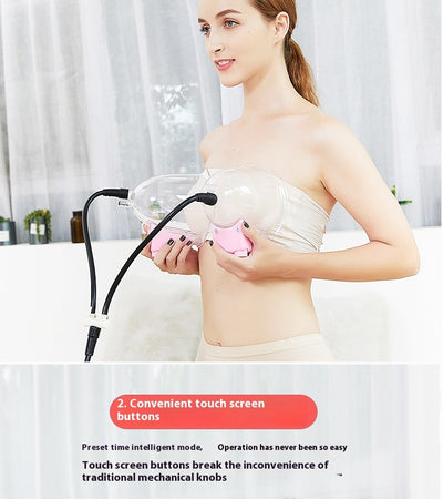 Woman using electric cupping therapy device with clear cups and pink handles for breast massage