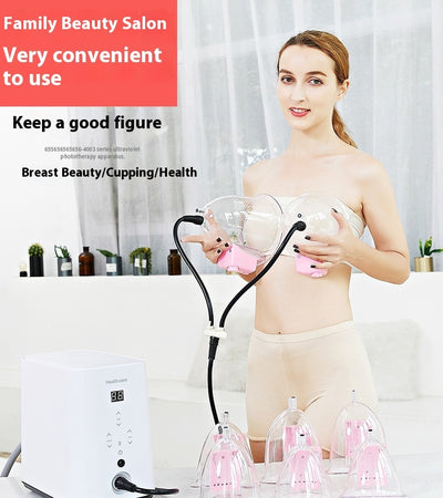 Woman using electric cupping therapy device with breast cups for beauty and health at home