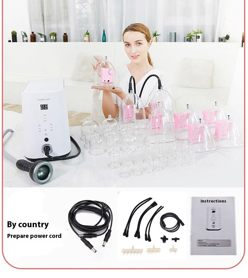 Woman demonstrating electric cupping therapy device with multiple cups and accessories on white table