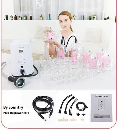 Woman demonstrating electric cupping therapy device with multiple cups and accessories on white table