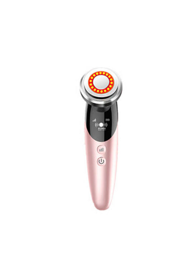 Pink and black electric facial cleansing brush with LED light and control buttons