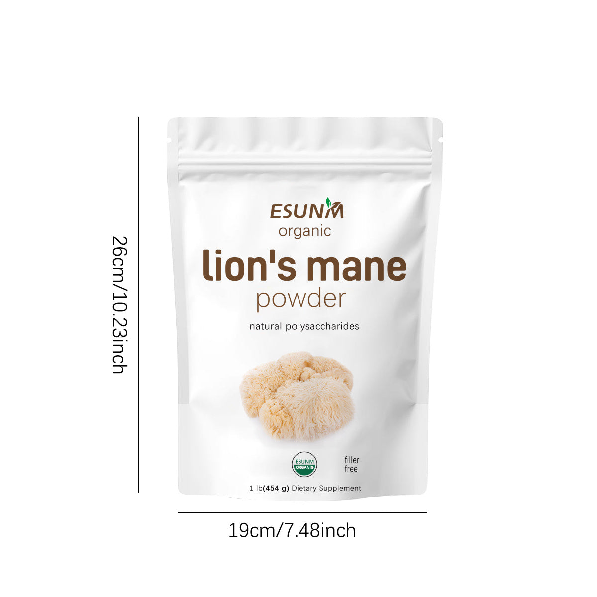 Organic Lion's Mane powder dietary supplement showing food health mushroom powder benefits in white resealable pouch