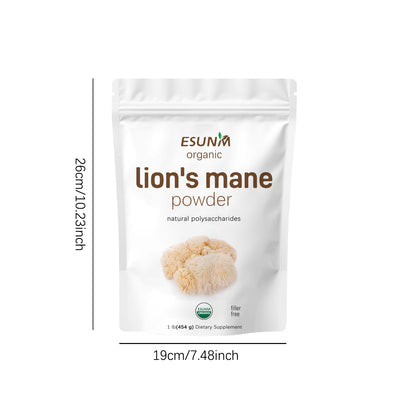 Organic Lion's Mane powder dietary supplement showing food health mushroom powder benefits in white resealable pouch