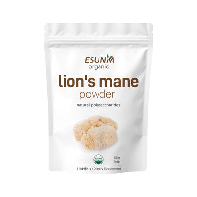 Organic lion's mane powder dietary supplement highlighting food health mushroom powder benefits