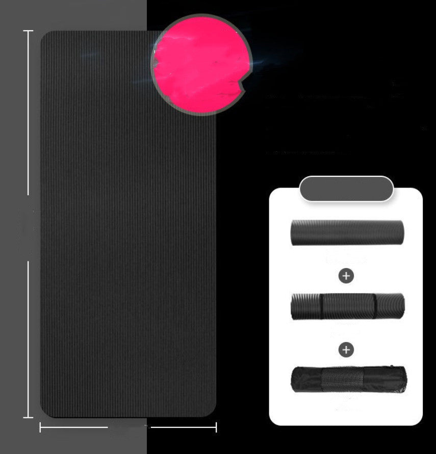 Black fitness mat for home workouts with close-up texture and rolled storage options