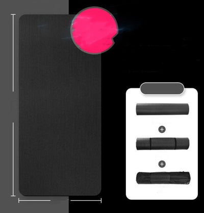 Black fitness mat for home workouts with close-up texture and rolled storage options