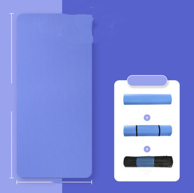 Blue fitness mat for home workouts shown flat rolled and packed with carrying bag