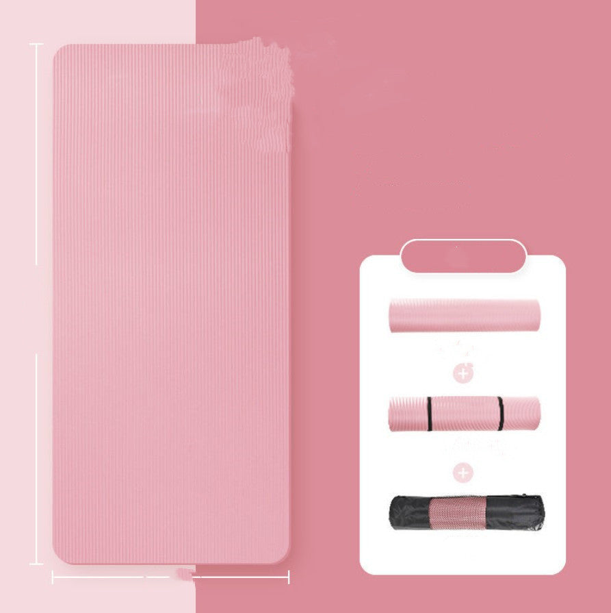 Pink fitness mat for home workouts rolled and unrolled with carrying strap and bag
