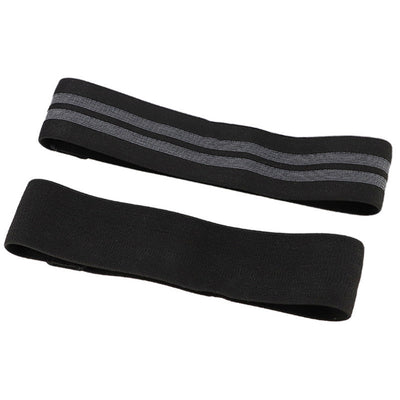 Black fitness resistance loop for squats with gray stripes for leg and glute workouts