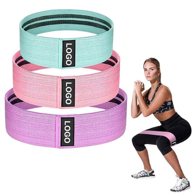 Set of three colorful fitness resistance loop for squats bands with a woman demonstrating squat exercise