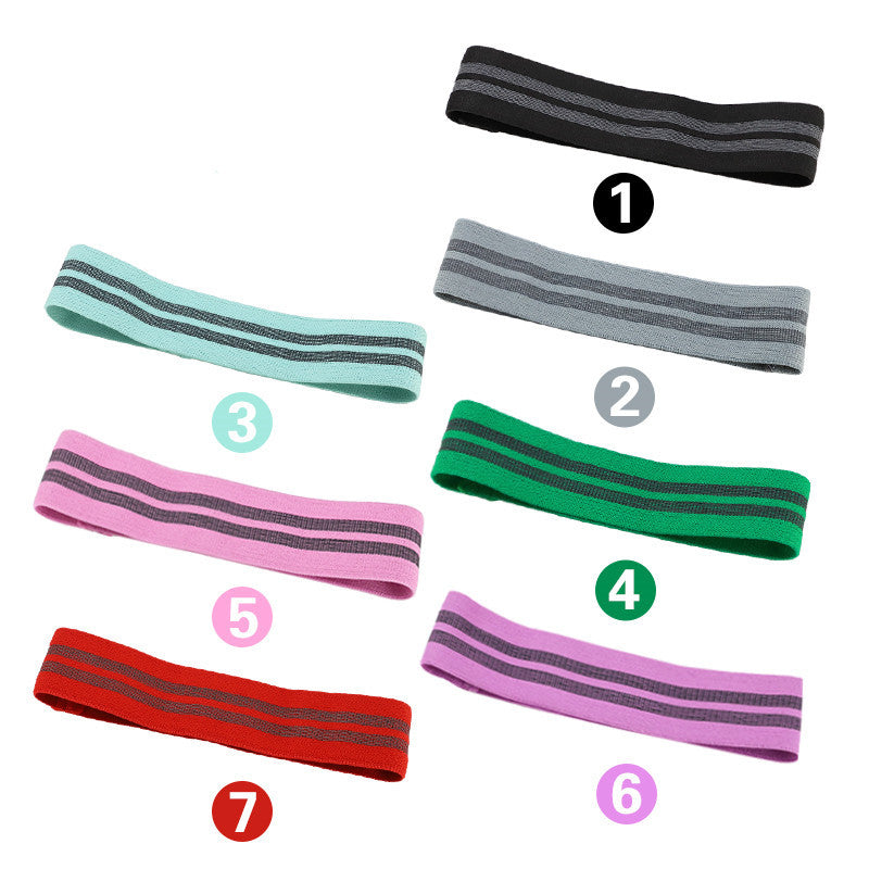 Set of seven colorful fitness resistance loop for squats bands with striped design