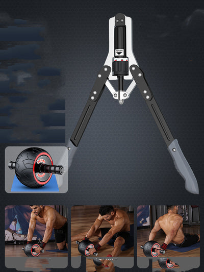 Men's home workout equipment set featuring an ab roller and a hand grip strengthener for core and arm exercises