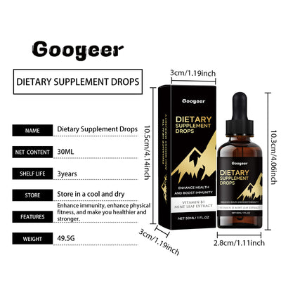 Googeer liquid dietary supplement drops bottle and box with vitamin B1 and mint leaf extract