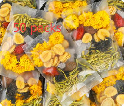 50 packs of honeysuckle chrysanthemum tea with dried flowers and herbs in clear packaging