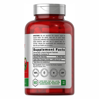 Bottle of natural health supplements for weight loss with apple cider vinegar powder and supplement facts label