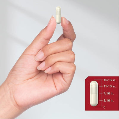 Hand holding a single capsule of natural health supplements for weight loss with size chart