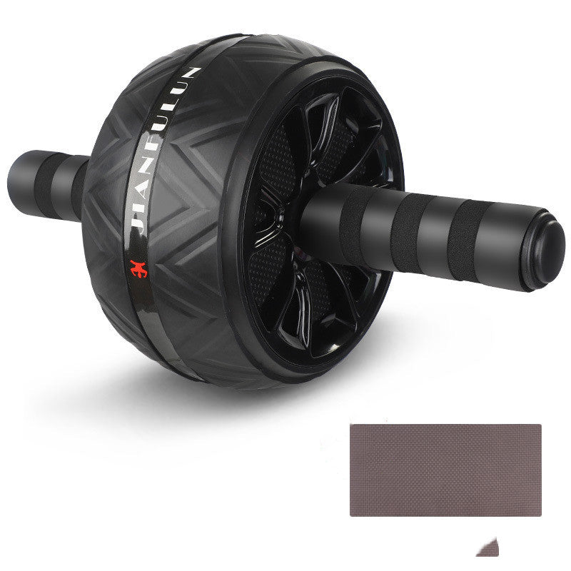 Black quiet exercise wheel for core strength with textured handles and included exercise mat