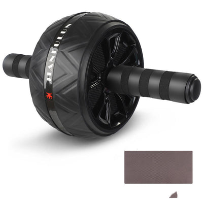Black quiet exercise wheel for core strength with textured handles and included exercise mat